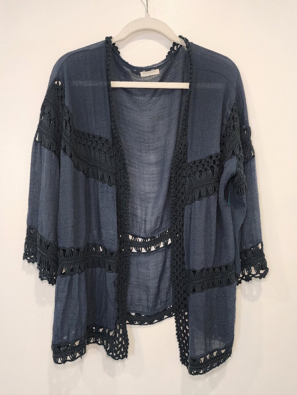 Navy Blue Crochet Trim Open-Front Kimono
